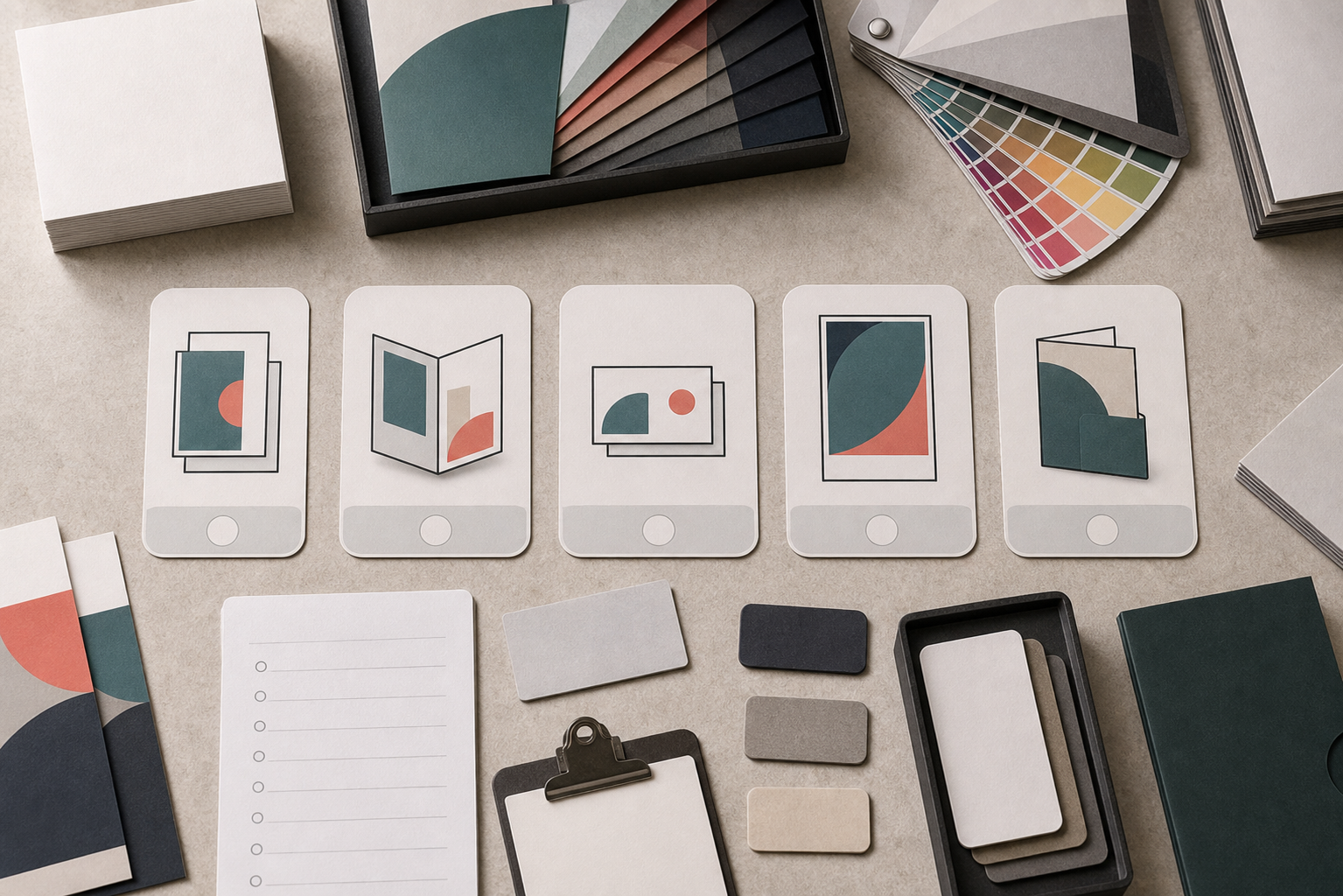 Selezione di prodotti tipografici e campioni di stampa